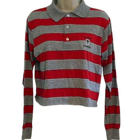 Vintage Ohio Buckeyes Long Sleeve Cropped Polo Cut Off Striped Gray Red Embroide - Picture 1 of 7